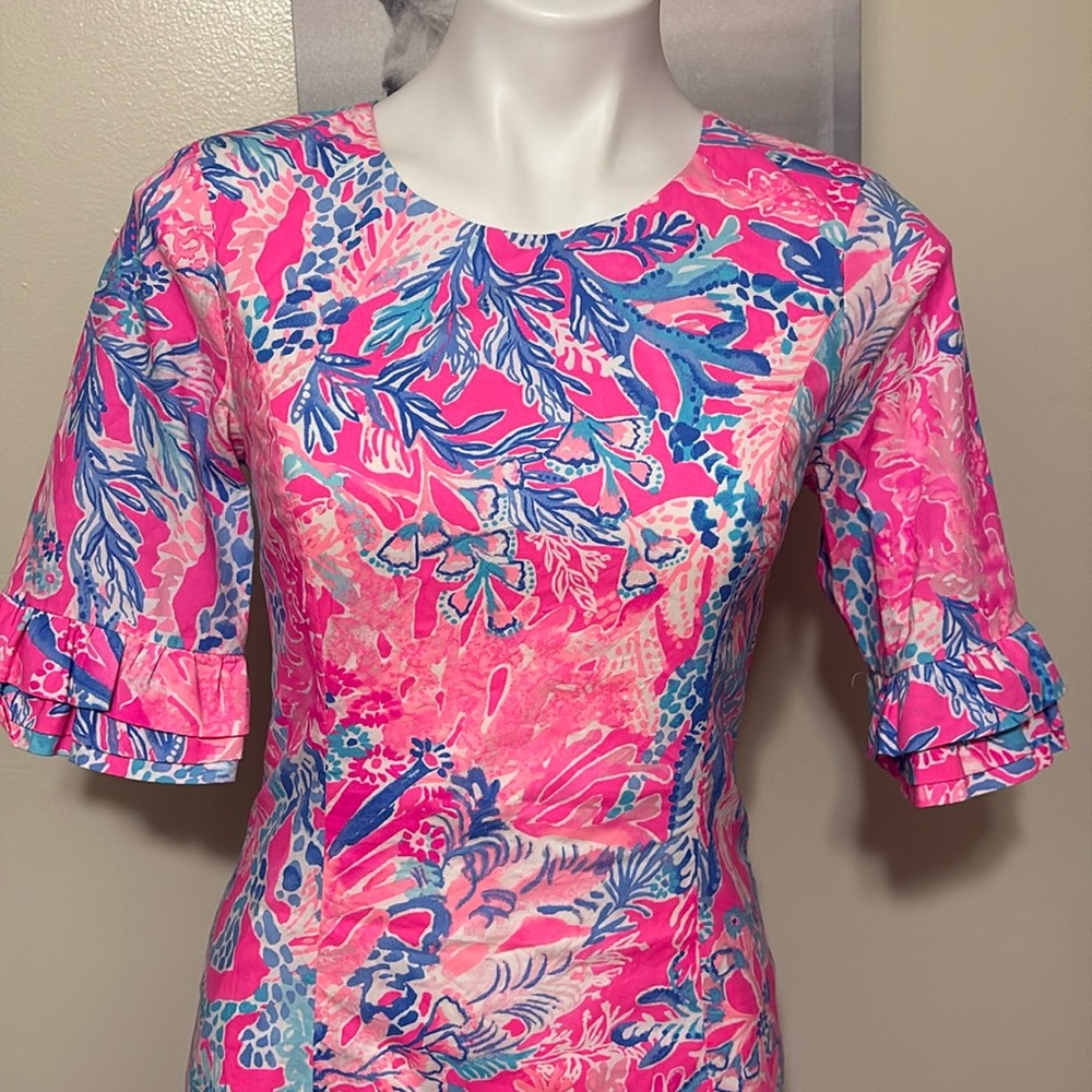 LILLY PULITZER Fiesta Sheath Pascha Hot Pink Aquadesiac Ruffle Dress
Size 0 - Picture 4 of 16